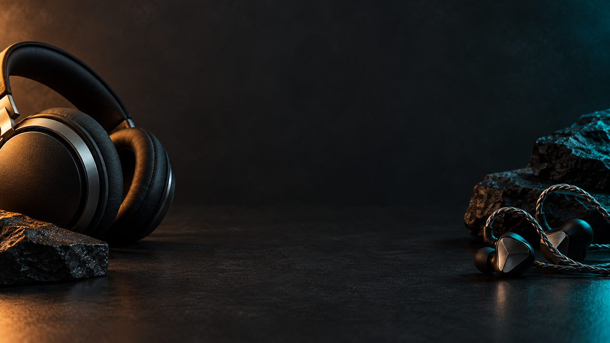 Unbranded headphones and in-ear monitors on a dark studio background